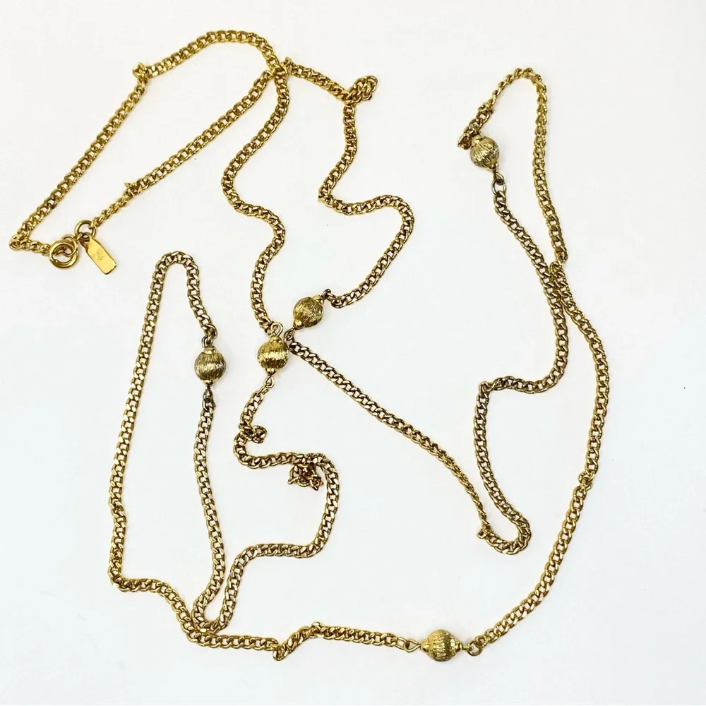 Vintage Monet‎ Gold Tone Chain Necklace Curb Station Textured Bead Long